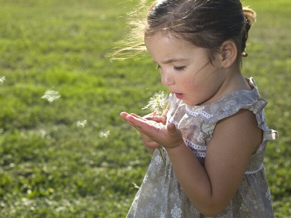 Baby girl blowing on dandelion